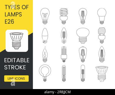 Satz von Vektorlinien-Symbolen, die Lampen mit E26-Basis darstellen Stock Vektor