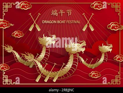 Drachenbootfestival mit goldenen Papierschnitten und Kunsthandwerk auf farbigem Hintergrund mit asiatischen Elementen (Chinesische Übersetzung: Drachenbootfestival) Stock Vektor
