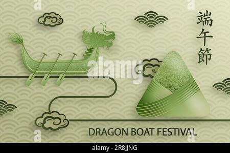 Drachenbootfestival mit goldenen Papierschnitten und Kunsthandwerk auf farbigem Hintergrund mit asiatischen Elementen (Chinesische Übersetzung: Drachenbootfestival) Stock Vektor