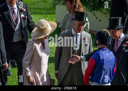 Ascot, Berkshire, Großbritannien. 21. Juni 2023. König Charles III. Und Königin Camilla unterhalten sich mit ihrem Racing Manager Sir John Warren, Sir Michael Stoute Trainer ihres Pferdes Circle of Fire und dem Jockey Richard Kingscote, der vor dem Rennen der Queen's Vase in ihren Rennfarben reitet. Kredit: Maureen McLean/Alamy Live News Stockfoto