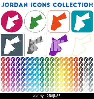 Jordan Icons Kollektion. Bunte, trendige Kartensymbole. Modernes Jordan-Abzeichen mit Landkarte. Vektordarstellung. Stock Vektor