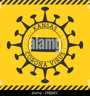 Corona-Virus in Kansas-Zeichen. Runde Abzeichen mit Form des Virus und Kansas Karte. Gelber Absperrstempel der US-Bundesseuche. Vektorabbildung. Stock Vektor