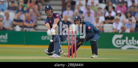 Northampton 21 - Juni 2023 : Chris Lynn von Northamptonshire Fledermäusen während des Vitality T20 Blast Match zwischen Northamptonshire Steelbacks gegen Derbyshire Falcons im County Ground Northampton England . Stockfoto