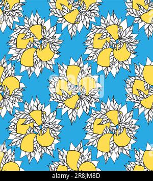 Nahtlose Textur mit einem Haufen gelber Zitronen mit Laub auf blauem Hintergrund. Vektormuster mit Konturbüsch von Zitrusfrüchten mit Blättern. Stock Vektor