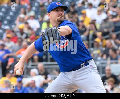 Pittsburgh, Usa. 21. Juni 2023. Chicago Cubs Relief Pitcher Mark Leiter Jr. (38) veranstaltet am Mittwoch, den 21. Juni 2023 in Pittsburgh das siebte Inning gegen die Pittsburgh Pirates im PNC Park. Foto: Archie Carpenter/UPI Credit: UPI/Alamy Live News Stockfoto