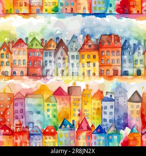 Häuser in Aquarellfarben mit nahtlosem Muster. Stadt. Straße mit farbigen Häusern. Vektordarstellung Stock Vektor