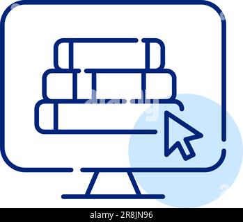 Symbol für den Zugriff auf digitale Bibliotheken. Stapel von Büchern auf dem Computerbildschirm und Mauszeiger-Klick. Symbol für Pixel Perfect Stock Vektor