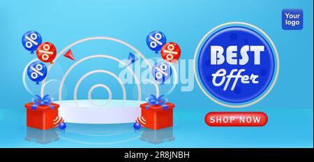 3D Podium Studio Angebote. Bestes Angebot, realistisches Podium-Design mit diskoundem Ballon, Geschenkbox und roten Kugelelementen auf ringförmigem Hintergrund. Perfekt für Stock Vektor