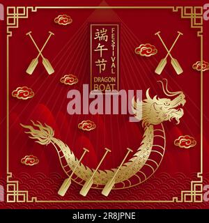 Drachenbootfestival mit goldenen Papierschnitten und Kunsthandwerk auf farbigem Hintergrund mit asiatischen Elementen (Chinesische Übersetzung: Drachenbootfestival) Stock Vektor