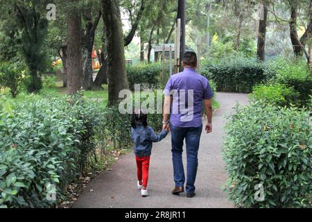 Ein geschiedener alleinerziehender Vater und eine braunhaarige, 4-jährige Latino-Tochter gehen gemeinsam im Park spazieren, verbringen Zeit und freuen sich auf eine Zukunft Stockfoto