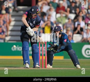 Northampton 21-Juni 2023 : David Willey von Northamptonshire während des Vitality T20 Blast-Spiels zwischen Northamptonshire Steelbacks gegen Derbyshire Falcons im County Ground Northampton England . Stockfoto