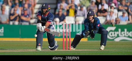 Northampton 21 - Juni 2023 : Emilio Gay of Northamptonshire während des Vitality T20 Blast Match zwischen Northamptonshire Steelbacks gegen Derbyshire Falcons im County Ground Northampton England . Stockfoto