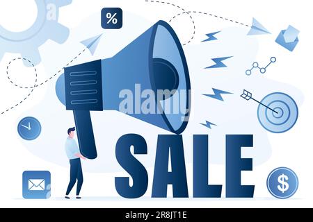 Gut aussehender Mann mit großem Lautsprecher. Verkaufskampagne. Zielgerichtetes Marketing- und Werbekonzept. Geschäftsmann-Charakter und trendige Elemente Stock Vektor