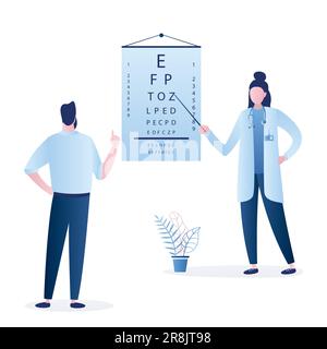 Arzt-Optiker prüft Sehvermögen bei einem männlichen Patienten. Schaubild der Augenuntersuchung. Sehtest. Optische Untersuchung. Gesundes Seufzen. Medizinisches Versorgungskonzept. Weiblicher Ophthalmolog Stock Vektor