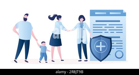 Glückliche Familie mit Kind und Hausarzt. Versicherungsvertrag und Sicherheitsschild mit medizinischem Kreuz. Gesundheitswesen mit Versicherungskonzept isoliert am Stock Vektor