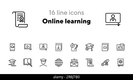 Symbolgruppe für Online-Lernlinien Stock Vektor