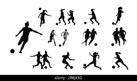Weibliche Fußballsilhouette, weibliche Fußballspielerin Kicking Ball Stock Vektor