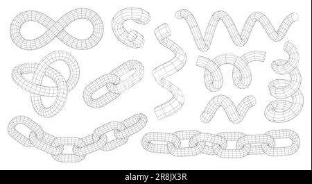 Vektor-Drahtmodellformen. 3D-Technologienetz. Spiralen, Verdrehte Kurven, Ketten, Verknüpfungen, Trefoil-Knoten. Verbindungsstruktur, Unendlichkeitssymbol. 3D-Netz. Gra Stock Vektor