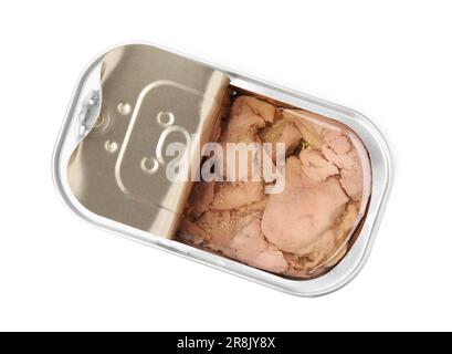 Verpackung von Kabeljauleber in Konserven, isoliert auf weißem, Draufsicht Stockfoto