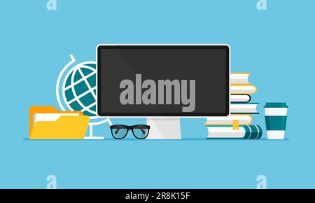 Vektorarbeitsbereich für Schüler oder Schule. Computer, Bücher, Globus, Lehrbuch, Kaffee. Fernunterricht zu Hause. Vorderansicht in trendy flacher Ausführung Stock Vektor