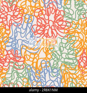 Nahtloses Muster mit vielen Retro-Farbstrichen in Form von Tropfen. Abstrakter psychedelisch-grooviger Hintergrund des Vektors. Vintage-Muster mit wellenförmigen Punkten. Textil Stock Vektor