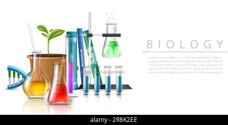 realistische 3D-Vektordarstellung. Molekularbiologische Technologien in Laborglasgeräten, -Röhrchen und -Bechern. Biologie und Medizin. Stock Vektor