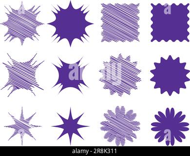 Sternenbanner, verschiedene geometrische Formen. Set mit Aufklebern, Emblemen verschiedener Formen zum Verkauf, Preisschild. Symbole in Skizzen- und Schraffurstil. Vektor i Stock Vektor