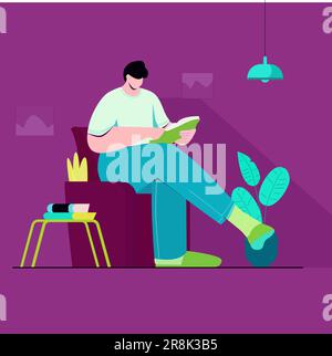 Mann sitzt auf dem Sessel und liest Buch Stock Vektor