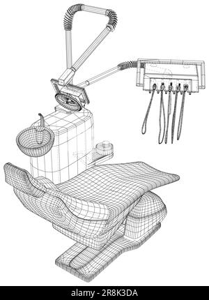 Der moderne zahnärztliche Stuhl. Drahtrahmen-Umriss-Zeichnen von medizinischen Geräten. Vektor von 3D erstellt Stock Vektor