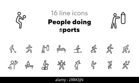 Leute, die Sportlinien-Symbolsatz machen Stock Vektor