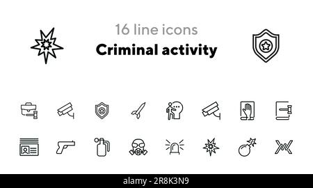 Symbolsatz für Zeile mit kriminellen Aktivitäten Stock Vektor