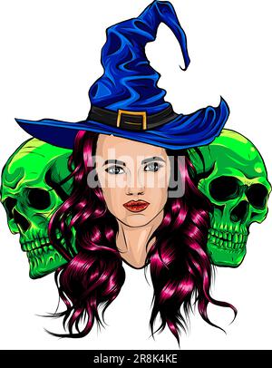 Tote Hexe mit zwei Zuckerschädeln. vektor Stock Vektor