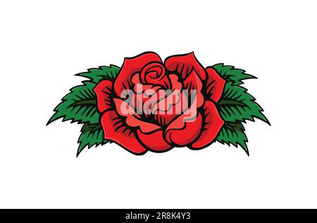 Klassische Vektordarstellung mit auffälligem roten Rosen-Tattoo auf weißem Hintergrund Stock Vektor