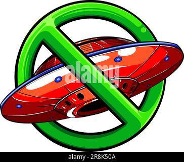 Keine UFO-symbol Design Illustration. Verbotszeichen mit dem Raumschiff und Alien Symbol auf weißem Hintergrund. Rote Kreuz in Kreis Stock Vektor