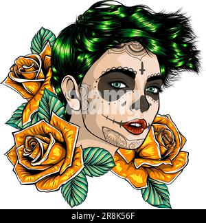 Vektordarstellung eines Schädelmädchens mit Rosen. Schädelzuckerblume. Stock Vektor