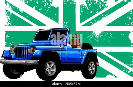 Jeep mit einer flachen vektordarstellung der londoner Flagge Stock Vektor