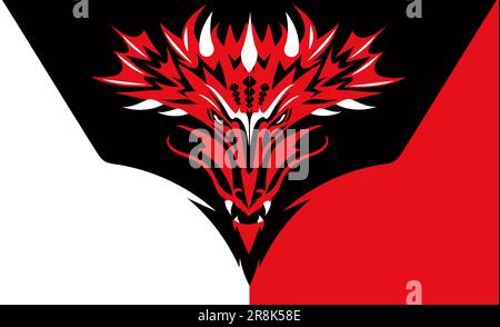 Roter, weißer, schwarzer Hintergrund mit Drachenkopf. Vektorbild. Stock Vektor