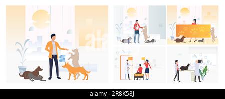Gruppe von Tierärzten, Mann und Frau, die den Hund untersuchen Stock Vektor