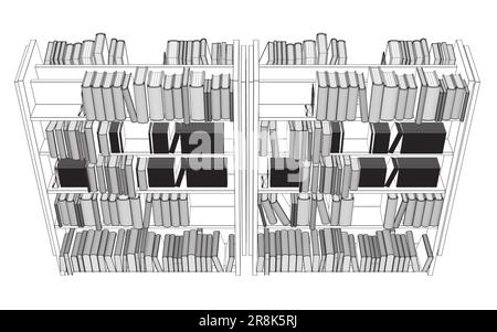 Vektor des Regal-Hintergrunds der Bibliothek. Modell eines Bücherregals mit leeren Büchern. Drahtmodell Bücher auf den Regalen einfach Retro Vektordarstellung. Linie d Stock Vektor