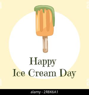Happy National Ice Cream Day Karte. Handgezeichnete Vektordarstellung von Fruchtaprikot-Eis auf einem Stock. Stock Vektor