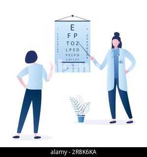 Arzt-Optiker prüft Sehvermögen bei einem männlichen Patienten. Schaubild der Augenuntersuchung. Sehtest. Optische Untersuchung. Gesundes Seufzen. Medizinisches Versorgungskonzept. Weiblicher Ophthalmolog Stock Vektor