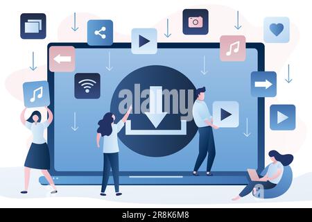 Kostenloser Download des Konzepts „Hintergrund“. Banner mit Upload-Zeichen auf Laptop-Bildschirm. Datenpiraterie von Servern. Dateiübertragung und -Freigabe. Menschen-Charakteristik Stock Vektor