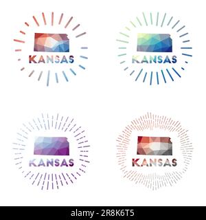 Kansas Low Poly Sunburst Set. Logo des US-Bundesstaates im geometrischen polygonalen Stil. Vektorabbildung. Stock Vektor
