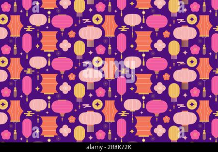 Chinesischer, asiatischer Hintergrund, Muster. Laternen, Ornamente und Blumen. Hintergrund des chinesischen Neujahrs, des Herbstfestes, Banner und Grußkarte. Flach Stock Vektor