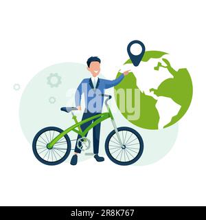 Sauberer Transport und Ökologiekonzept. Vektor eines Mannes mit einem Fahrrad im Hintergrund des Planeten Erde Stock Vektor
