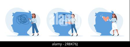 Das kindliche psychische Gesundheitskonzept. Vektor einer Psychologin, die psychische Probleme eines Jungen löst Stock Vektor