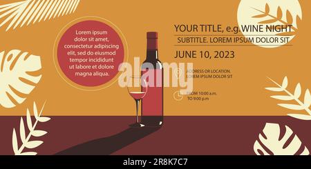 Banner oder Flyer mit einer Flasche Wein und einem Glas Wein. Weinabend oder andere Veranstaltung. Fügen Sie Ihren eigenen Text hinzu Stock Vektor