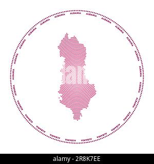 Rundes albanisches Logo. Die digitale Stilform Albaniens im gepunkteten Kreis mit dem Ländernamen. Technisches Symbol des Landes mit abgestuften Punkten. Fesselnder Vect Stock Vektor