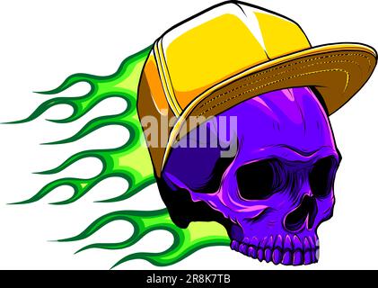 Schädel mit Hut und Flammenvektordarstellung Stock Vektor