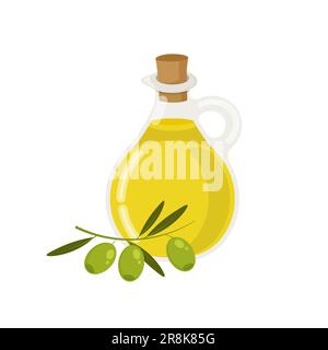 Glasflasche mit Olivenöl. Vektorflaschen mit grünen Oliven. Design-Element für Menü, Etikett, Verpackung isoliert auf weißem Hintergrund. Stock Vektor